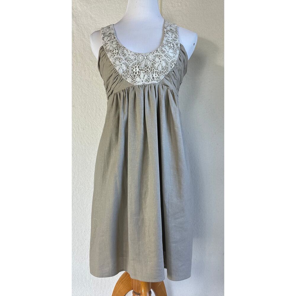 Anthropologie Molly New York Beige Linen and Lace Empire Waist Dress SZ 4
